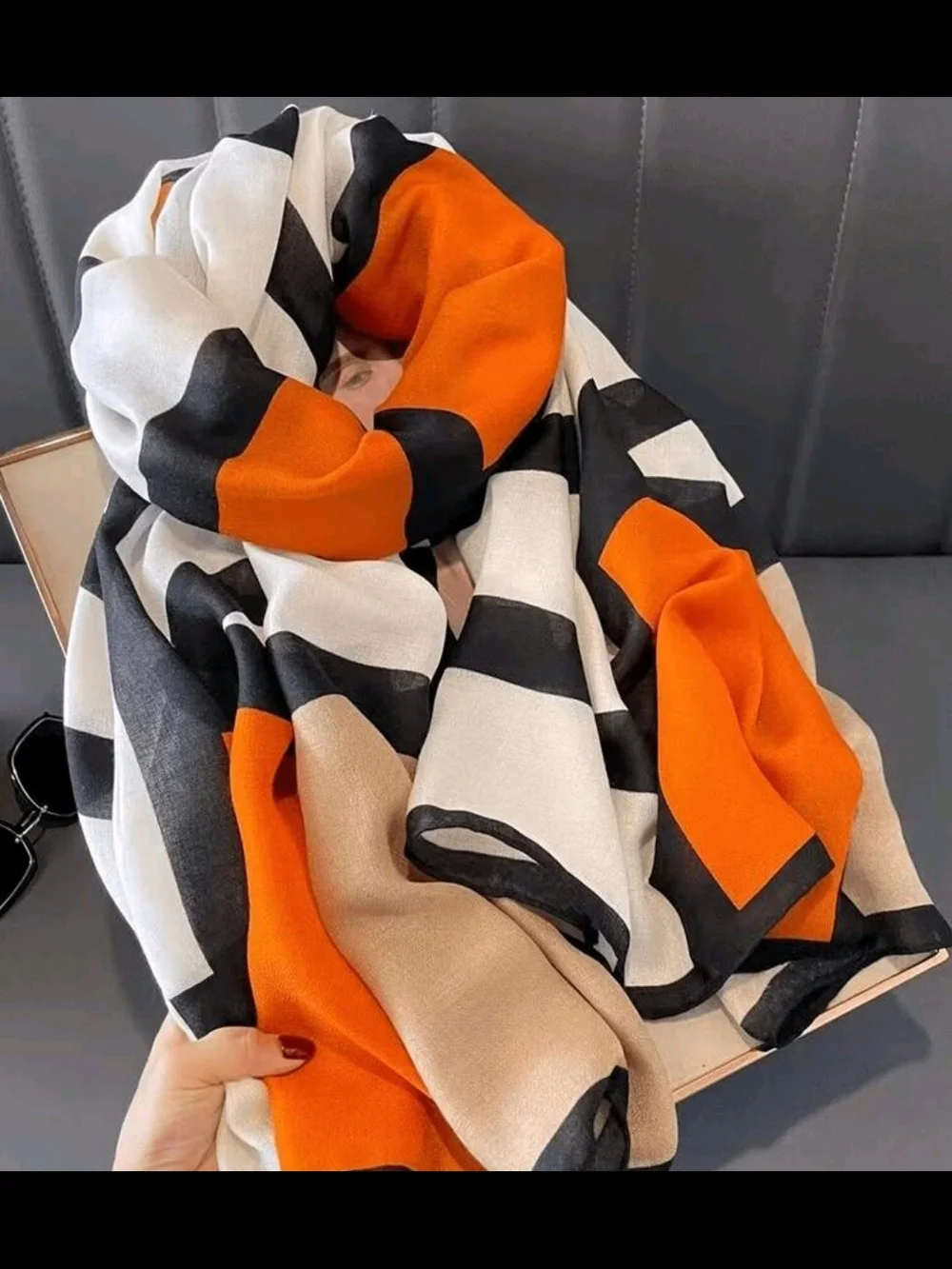 Silk-Feel Geometric Print Scarf - Orange, Cream & Black 35.4